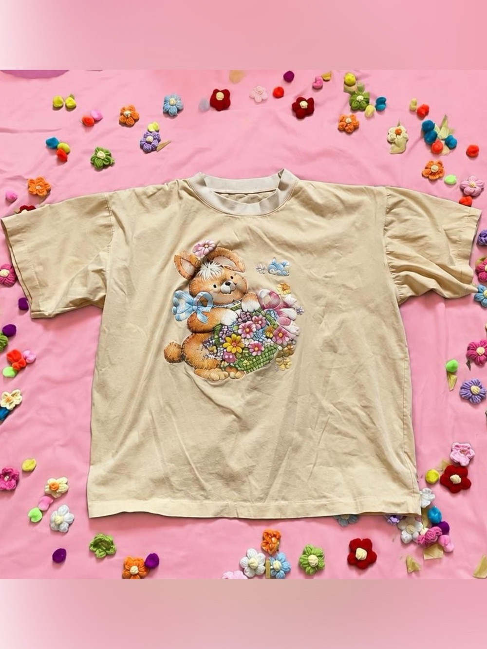Cream Bunny Floral Basket Short Sleeve Tee